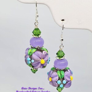 Lampwork Earrings,Floral Earrings,Purple & Green Earrings,Chunky Earrings,Dangle Earrings,Glass Bead Earrings, Gift Earrings