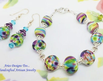 Colorful Abstract Bracelet and Earrings Set, Lime Green, Purple and Aqua Bracelet Set, Bracelet and Earrings Gift Set, Cottage Chic set