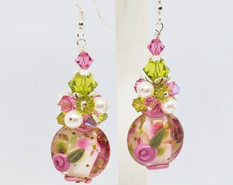 Pink Floral Earrings,Floral Lampwork Earrings, Glass Bead Earrings, Cluster Earrings, Pink, Green and White Earrings, Feminine Earrings