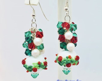 White Earrings,Red, White and Green Floral Holiday Earrings, Christmas Earrings, Holly Berry Earrings,Festive Earrrings, Gift Earrings