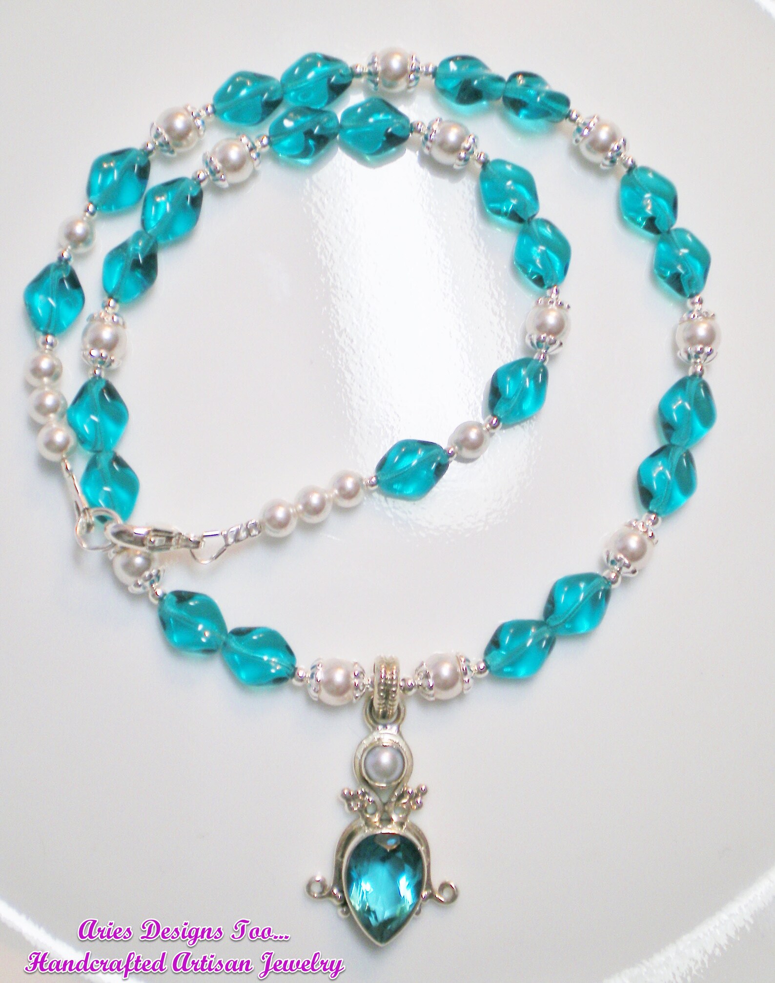 Lab Created Blue Topaz and Pearl Pendant Necklace Petite Etsy