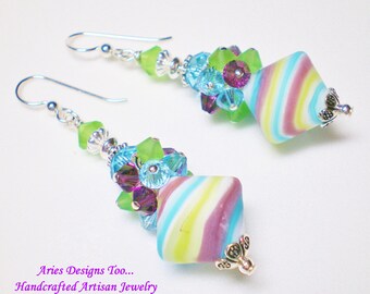 Aqua,Purple & Lime Green Earrings ,Striped Earrings,Lampwork Earrings,Colorful Earrings,Cluster Earrings,Dangle Earrings,Summer Earrings
