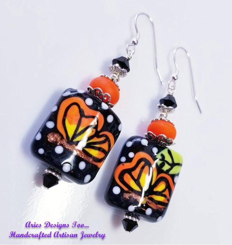Colorful Butterfly Lampwork Earrings in Black Orange and Yellow