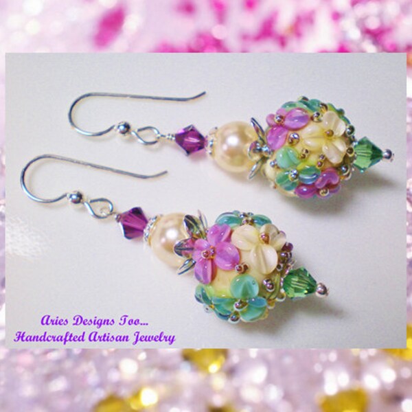 Floral Lampwork Earrings in Sage Green,Amethyst and Cream, Short Floral Lampwork Earrings in Sage,Plum & Cream