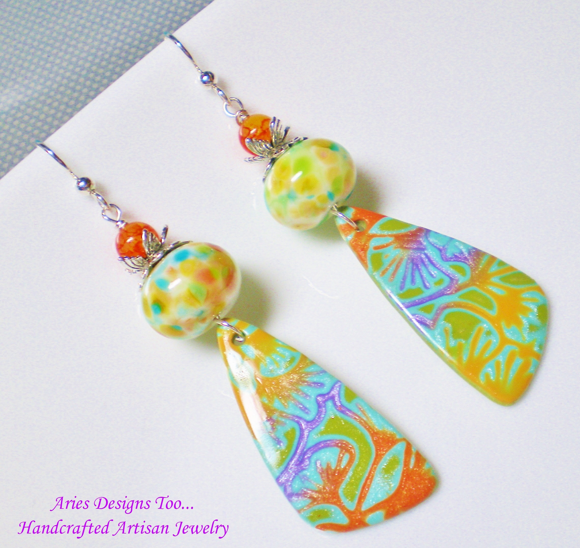 Paisley Polymer Clay Charm Earrings in Orange, Green,violet, Aqua and