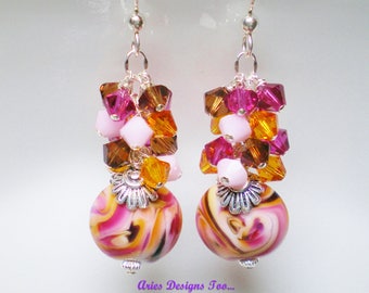 Chocolate, Raspberry ,Caramel Swirl  Lampwork Cluster Earrings,