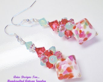 Tutti-Fruity Colorful  Abstract Lampwork Cluster Earrings in Mauve,Green Opal , White and Coral