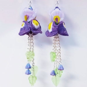 Lampwork Earrings,Floral Earrings,Iris Earrings,Purple,Green & Yellow Earrings, Tassel Earrings, Glass Bead Earrings,Flower Earrings