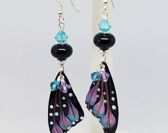 Black Butterfly Wing Earrings,Black, Aqua and Violet Wing Earrings,Nature Earrings,Handpainted Charm Earrings,Dangle Earrings,Gift Earrings