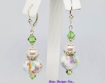 White, Green and Brown  Abstract Sugar Bead Lampwork Earrings