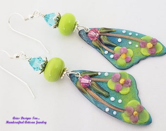 Turquoise and Lime Green Butterfly Wing Earrings, Handpainted Enameled Earrings, Wing Earrings, Nature Earings, Gift Earrings, Summer