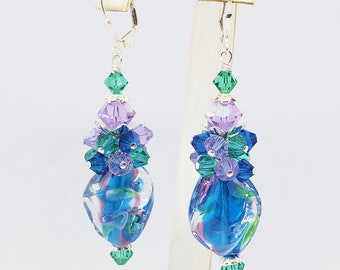 Twisted Art Glass Cluster Earrings in Bright Blue, Green and Violet,Venetian Glass Earrings,Abstratc Earrings,Glass Bead Earrings