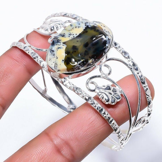Dendrite Opal Cuff Bracelet in Set in an Ornate Sterling Silver Setting