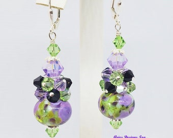 Purple, Violet and Green Earrings, Heather Fields Lampwork Earrings ,Cluster Earrings,Dangle Earrings,Modern Earrings