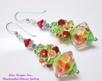 Green,Red and Peach Diamond Shaped Lampwork Cluster Earrings