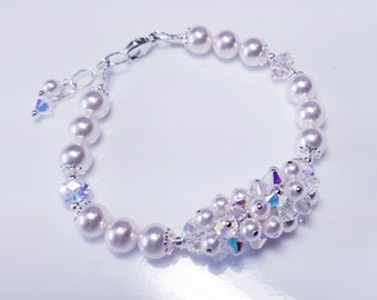 White Pearl  & Crystal Bridal Cluster Bracelet, Austrian Crystal and Pearl Wedding Bracelet