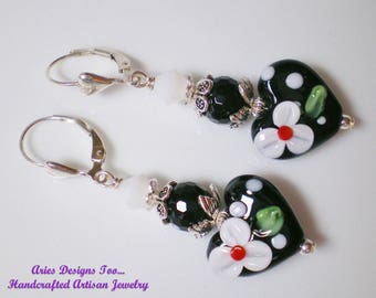 Black Heart Lampwork Earrings with White Flowers and Red Accents