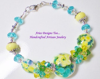 Yellow ,Green & Turquoise Floral Lampwork Bracelet ,Floral Bracelet,Jonquil Gardens Bracelet