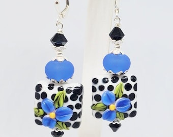 Blue Floral Earrings, Black and White Earrings, Polka Dot Earrings, Retro Earrings, Glass Bead Earrings, Dangle Earrings ,Gift  Earrings