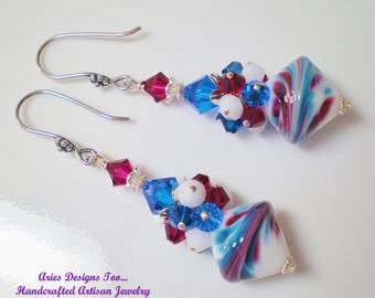 White, Capri Blue and Maroon Abstract Lampwork Cluster Earrings