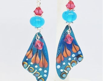 Turquoise Butterfly Wing Earrings, Butterfly Earrings, Nature Earrings, Turquoise, Coral and White Earrings, Gift Earrings, Summer Earrings