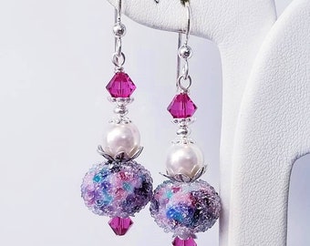 Sugar Bead Earrings,Lampwork Earring,Purple Earrings,Fuchsia Earrings,Blue Earrings,Glass Bead Earrings,Funky Earrings,Dangle Earrings
