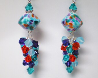 Abstract Lampwork Bicone Cluster Earrings in Aqua, Purple,Hyacinth and Turquoise, Long  Cluster Earrings in Purple, Teal, Aqua and Orange