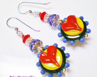 Funky Black & Purple Earrings w/ Bright Red Hearts.Colorful Red Heart Earrings on Light Orange Background with Purple Beaded Edge