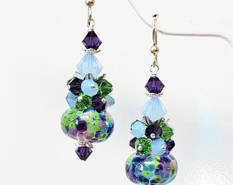 Abstract Cluster Lampwork Earrings in Purple, Blue and Green