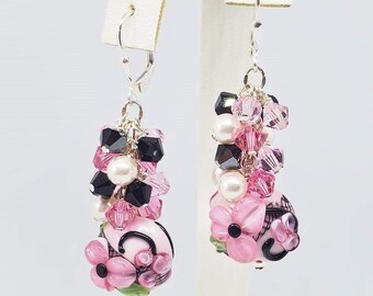 Pink Floral Earrings,  Pink & Black Glass Bead Earrings,  Cluster Earrings, Flower Earrings, Handcrafted Lampwork Earrings, Gift Earrings