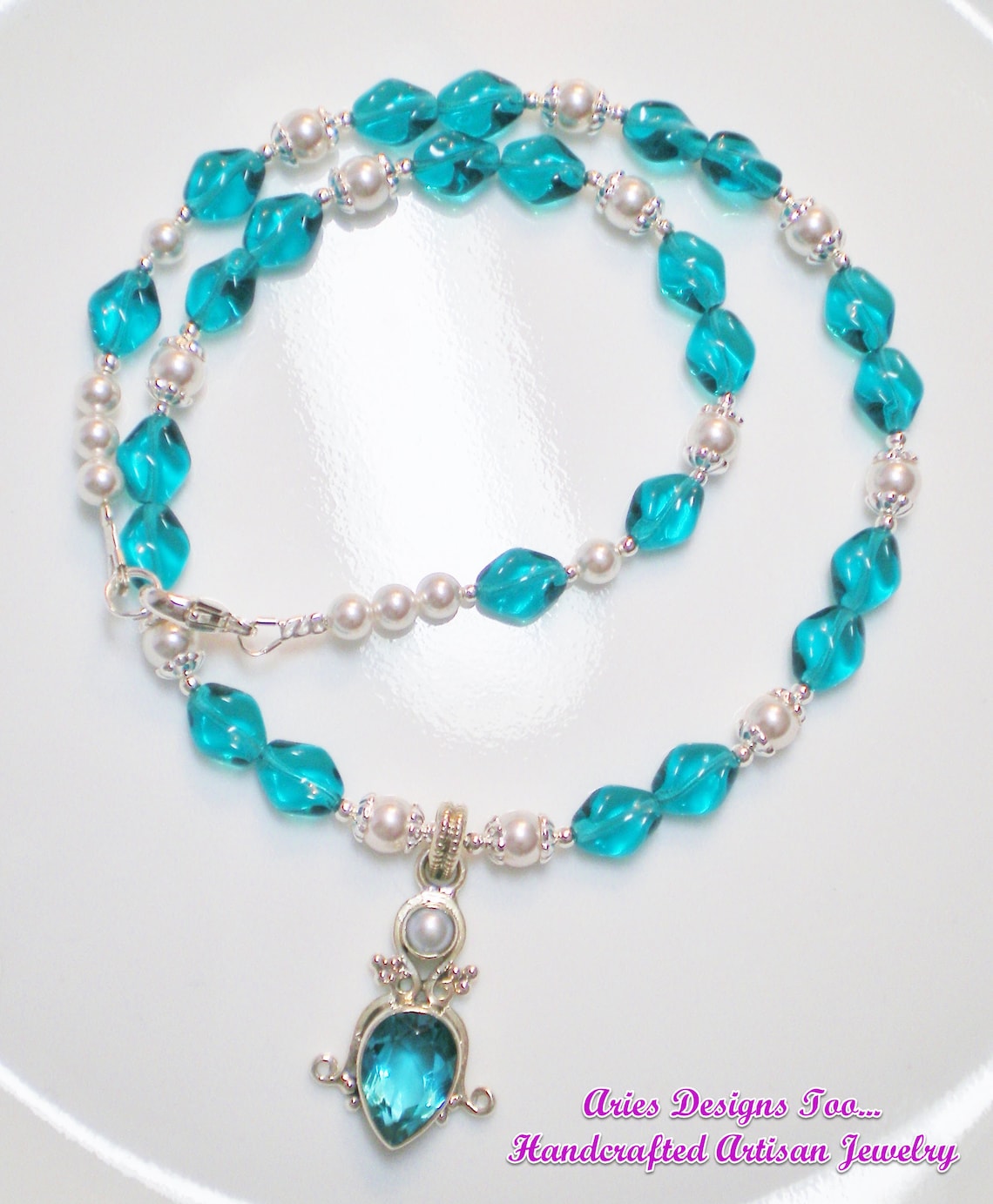 Lab Created Blue Topaz and Pearl Pendant Necklace Petite Etsy