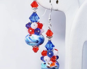 Blue, Brown, White and Orange Abstract Cluster Lampwork Earrings