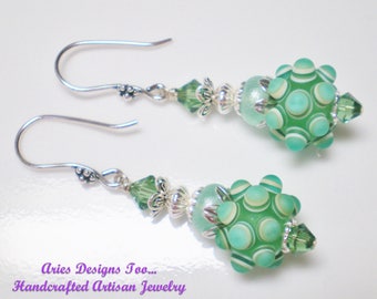Funky Frosted Green Bumpy Bead Lampwork Earrings with Sparkly Mint Green Rondelles