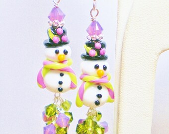 Holiday Snowman Lampwork Earrings with Violet and Olivine Green Accents and Black Top Hat & Small Cluster of Swarovsi Crystals