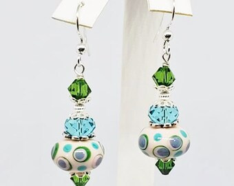 Cream Lampwork Earrings with Green, Blue and Aqua Polka Dots, Short Lampwork Earrings