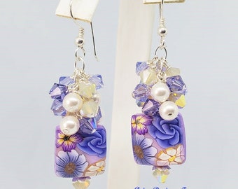 Purple Floral Clay Earrings in Shades of Purple, Beige & Violet, Purple Cluster Earrings.Floral Dangle Earrings, Gift Earrings