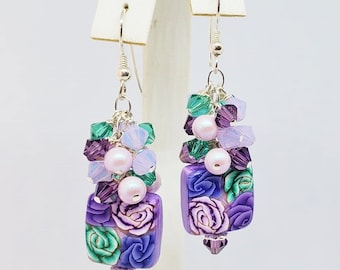 Purple, Violet and Green Floral Charm Earrings,  Polymer Clay Floral Earrings, Floral Cluster Earrings,Dangle Earrings,Gift Earrings