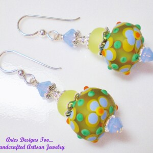 Lampwork Earrings,Floral Earrings,Yellow,Blue & Green Earrings,Funky Floral Earrings,Glass Bead Earrings,Dangle Earrings,Gift Earrings