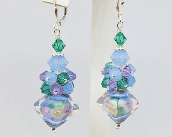 Powder Blue Pastel Cluster Earrings , Diamond Shaped Lampwork Earrings,Powder Blue.Violet and Lt Emerald Green Dangle Earrings,Abstract