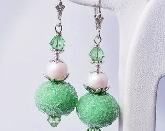 Light Emerald Green Sugar Bead Lampwork Earrngs