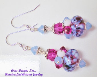 SALE...REDUCED...Powder Blue, White  and Fuchsia Abstract  Cluster Lampwork Earrings