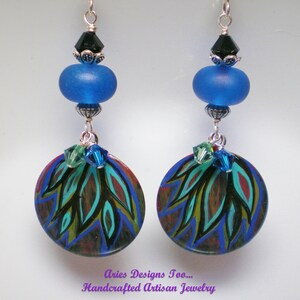 Black, Blue and Green Abstract Enameled Drop Earrings with Coordinating Lampwork Rondelles