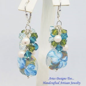Fantasy Floral Earrings in Teal , Aqua  and Olive Green
