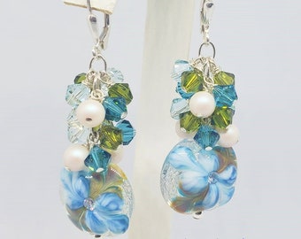 Fantasy Floral Earrings in Teal , Aqua  and Olive Green