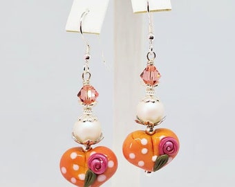 Lampwork Earrings,Heart Earrings,Peach/Orange Earrings,Pink Rose Earrings,Floral Earrings,Valentines Earrings,Gift Earrings,Drop Earrings