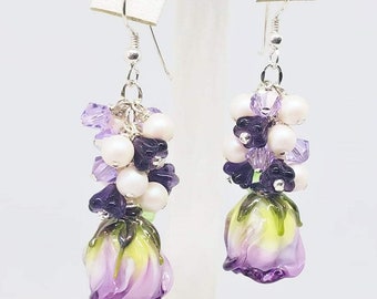 Purple Rose Bud Earrings, Floral Earrings, Rose Bud Earrings, Dangle Earrings, Violet Earrings, Prom,Wedding, Gift Earrings