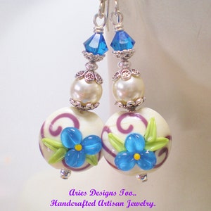 Lampwork Earrings,Floral Earrings,Blue & Cream Earrings,Glass Bead Earrings,Dangle Earrings,Gift Earrings,