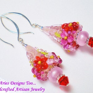 Lampwork Earrings,Floral Earrings,Red & Pink Earrings,Cone Shaped Earrings,Valentines Earrings,DangleEarrings,Glass Bead Earrings, Gift