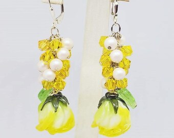 Yellow Rose Bud Earrings,Floral Earrings,Lampwork Earrings, Glass Bead Earrings, Dangle Earrings, Wedding,Prom,Gift Earrings