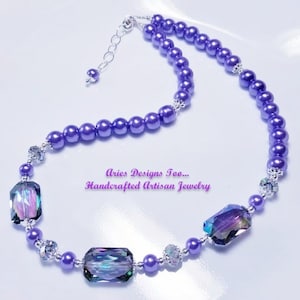 Purple Pearl and Paradise  Shine Crystal Necklace,Dramatic Purple Crystal and Pearl Statement Necklace